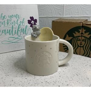 Starbucks My Lunar Friends Racoon Sitting w/Moon & Rabbit Reaching Up White Mug